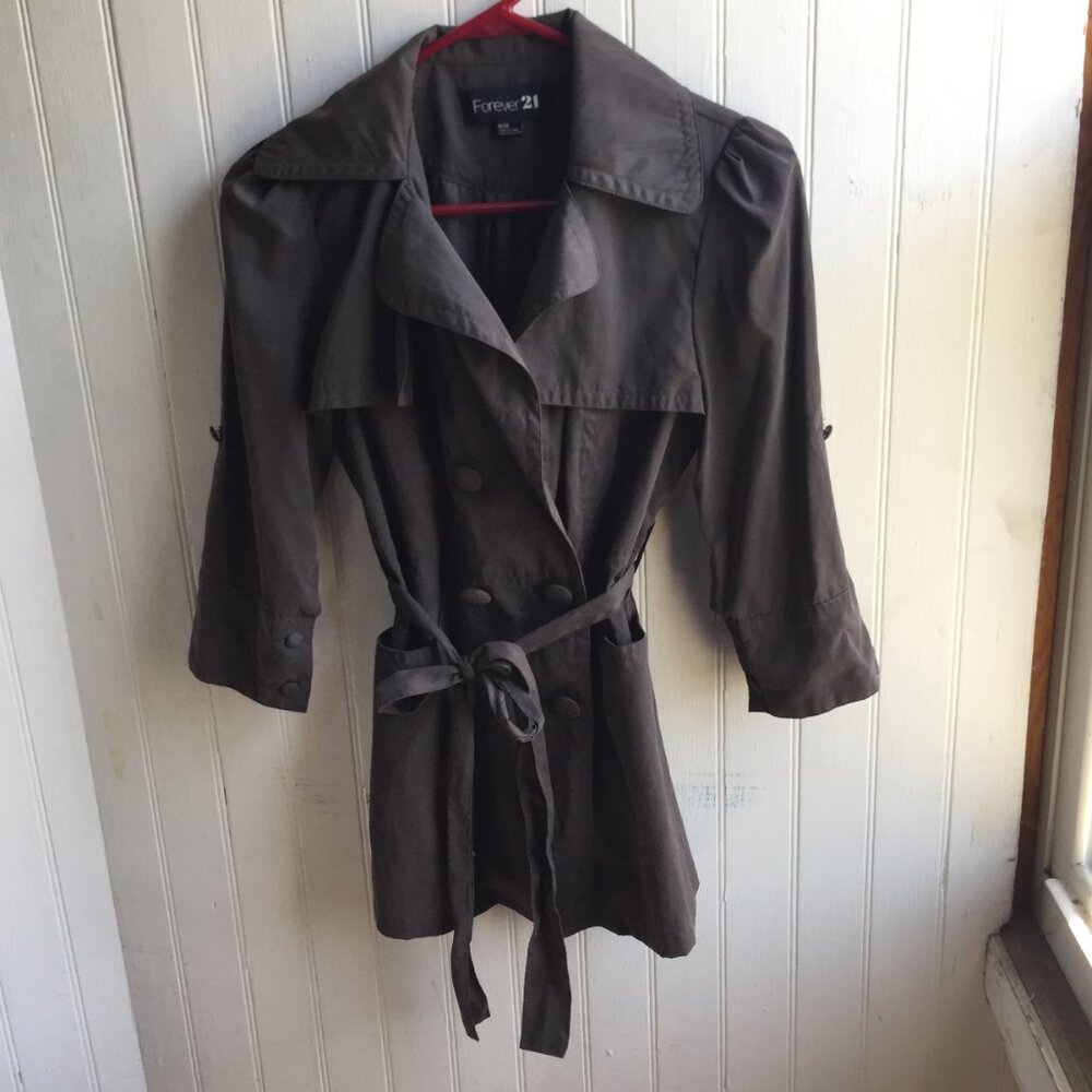 Forever 21 Gray Silky Trench coat Belted Poly Nylon Blend Double Breasted - Med